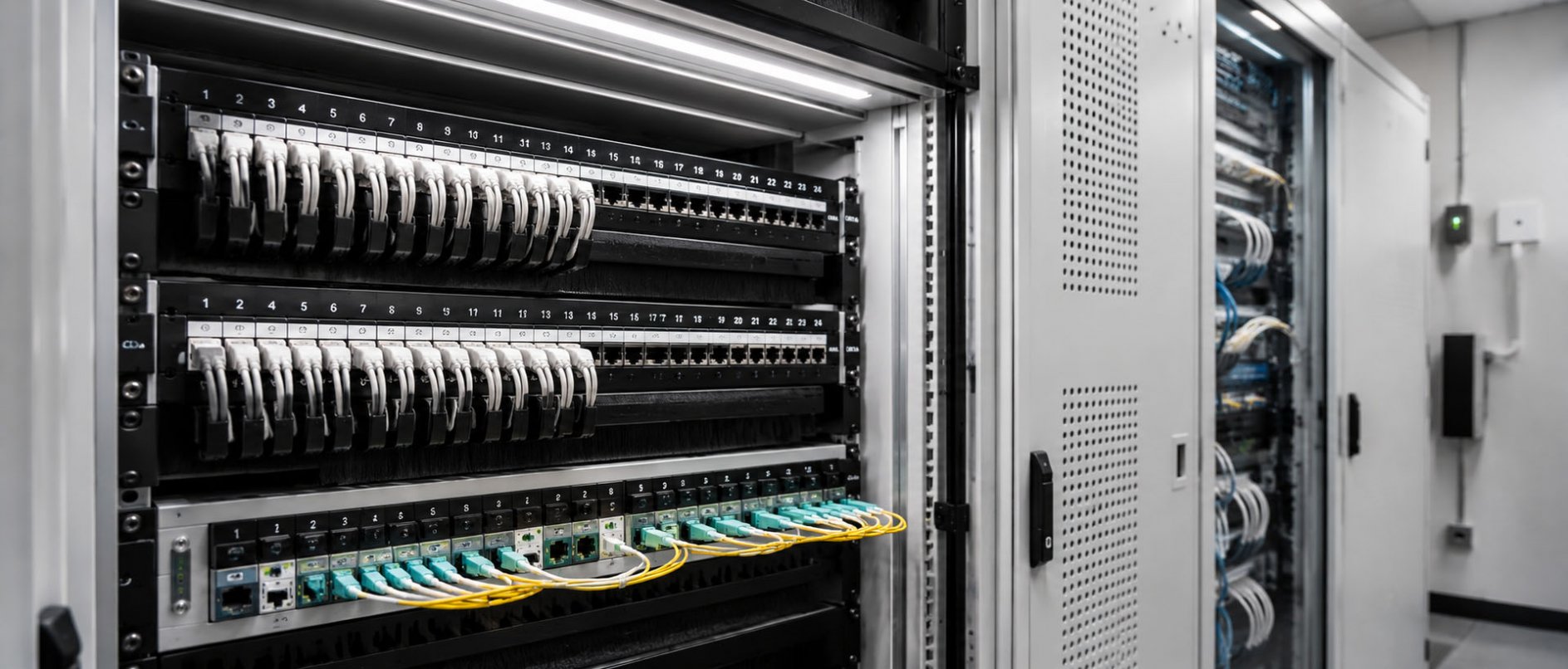 Professioneller Netzwerkschrank mit Patchpanel und sauber verlegten Datenkabeln