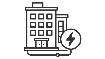 Icon f&uuml;r Geb&auml;udetechnik mit Geb&auml;ude, Stromsymbol und Elektroanschluss